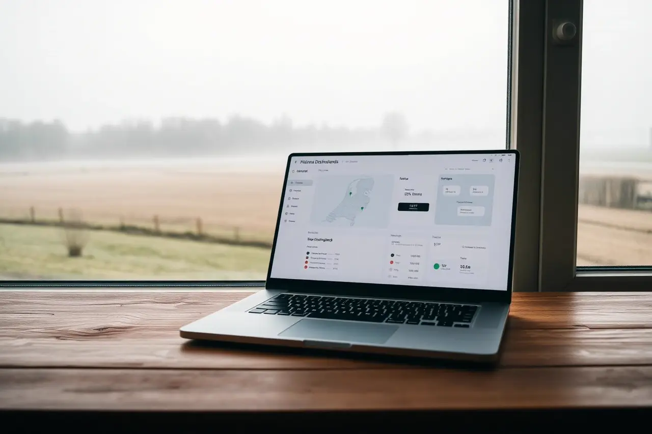 Laptop op een bureau met een KavelInfo-dashboard waarop een kaart van Nederland zichtbaar is