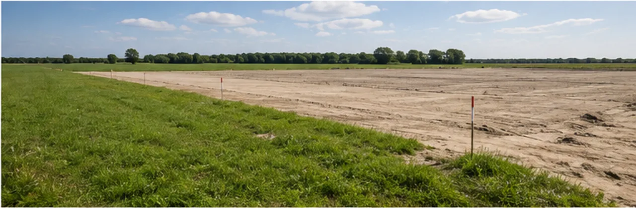 Bouwrijp gemaakt zandterrein met uitgezette markeringspiketten naast een grasveld