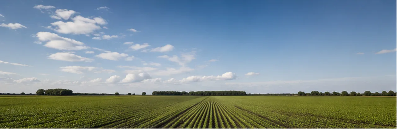 Groene zomerakker met jonge gewassen in lange rijen onder een blauwe lucht met wolken