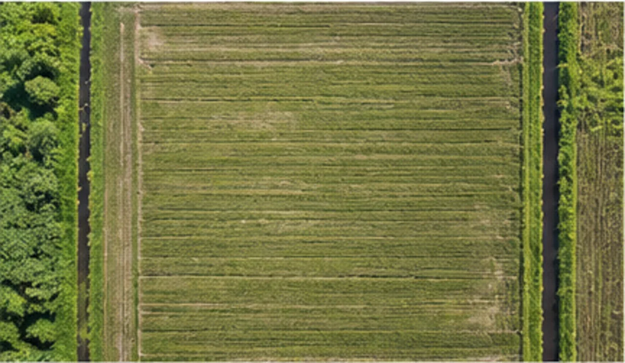 Luchtfoto van één rechthoekig landbouwperceel met een sloot langs de rand
